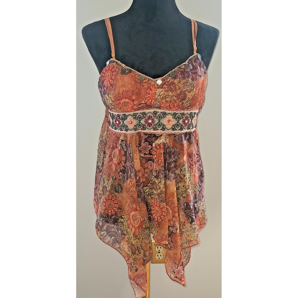 Vtg Y2K Candie's Babydoll Cami Tank Top Coral Orange Sequin Fairy Grunge Large